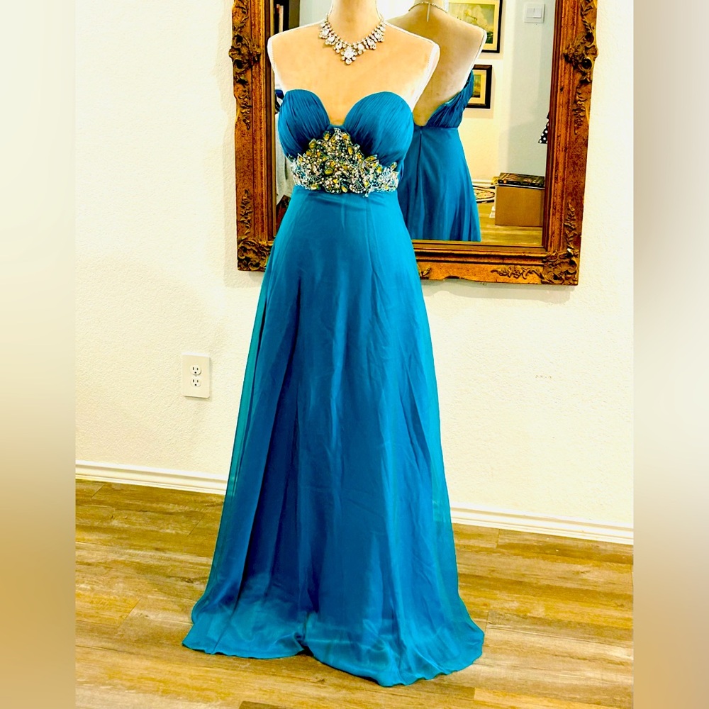 Strapless Teal Prom Gown with Beaded Waist